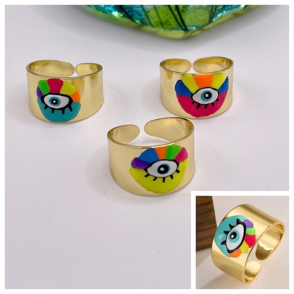 Boho Evil Eye Enamel and Copper Adjustable Ring #1300 BLUE MULTI - Picture 1 of 14